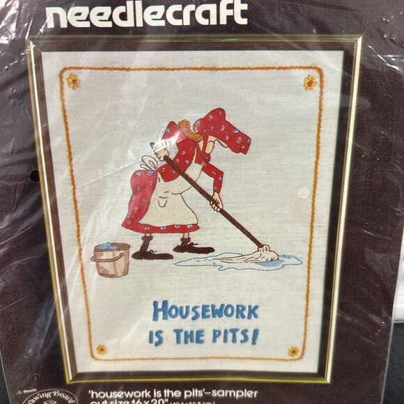 Vtg 70s Bucilla Needlepoint Embroidery Kit Housework is the Pits! 48839 New - Picture 2 of 5